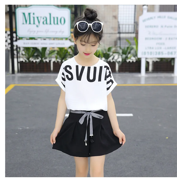 Summer Children Clothing Sets For Girls 2019 Fashion Letter Print Tshirts Tops Shorts Teenage Clothes 2Pcs Kids Suit 10 12 Years (17)