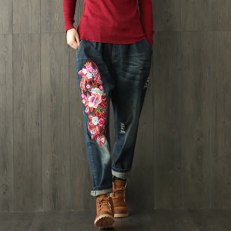 High Waist Jeans Woman Vintage Floral Embroidery Jeans