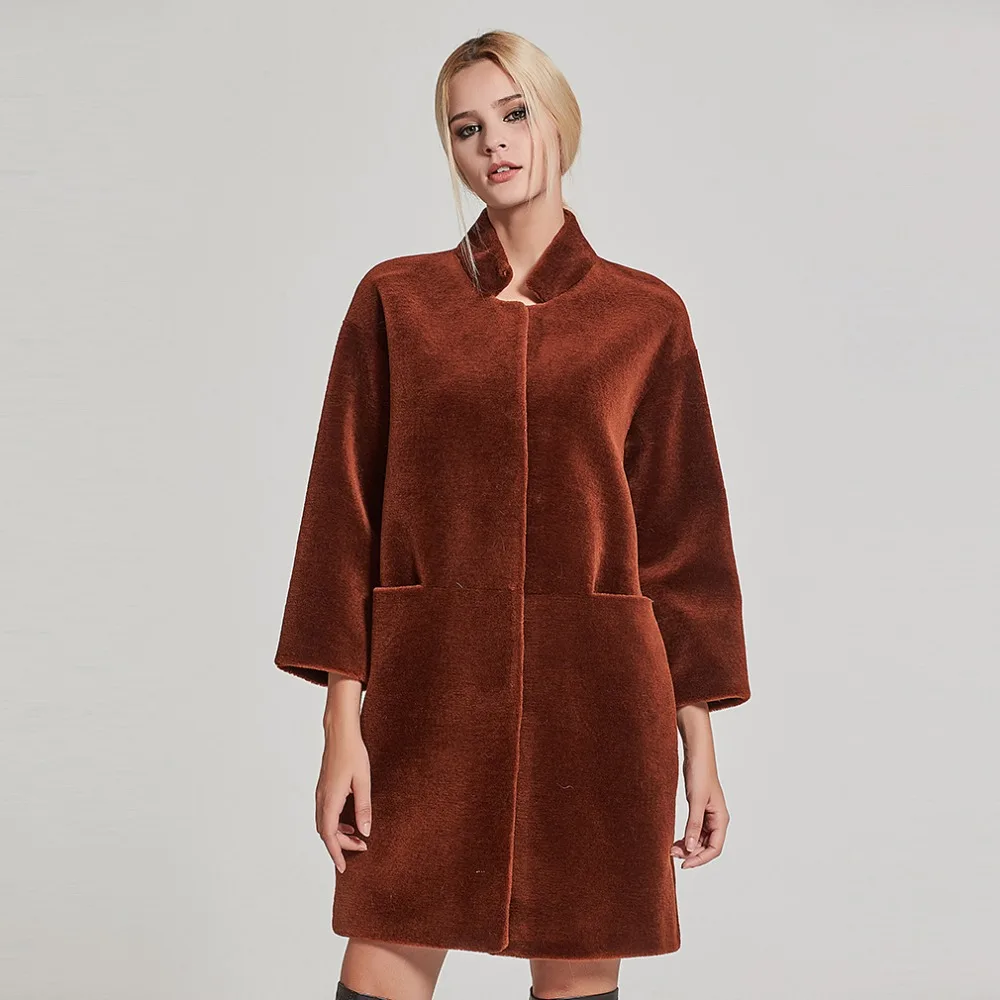

Fur Story Women's Real Fur Coat Sheep Shearing Fur Coat with Stand Collar Winter Sheep Sheared Jacket sheepskin Coat 17142