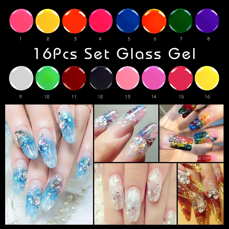 16Pcs Glass Gel Set Translucent Enamel Nail Polish Gel LED&UV Gel Soak