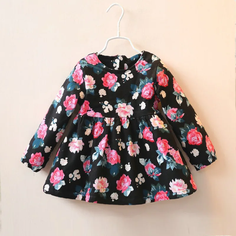 

Girls dress Winter-clothing Vestidos Children floral long sleeve dresses Vestido Faux lamb lining warm one-piece Kids tutu dress