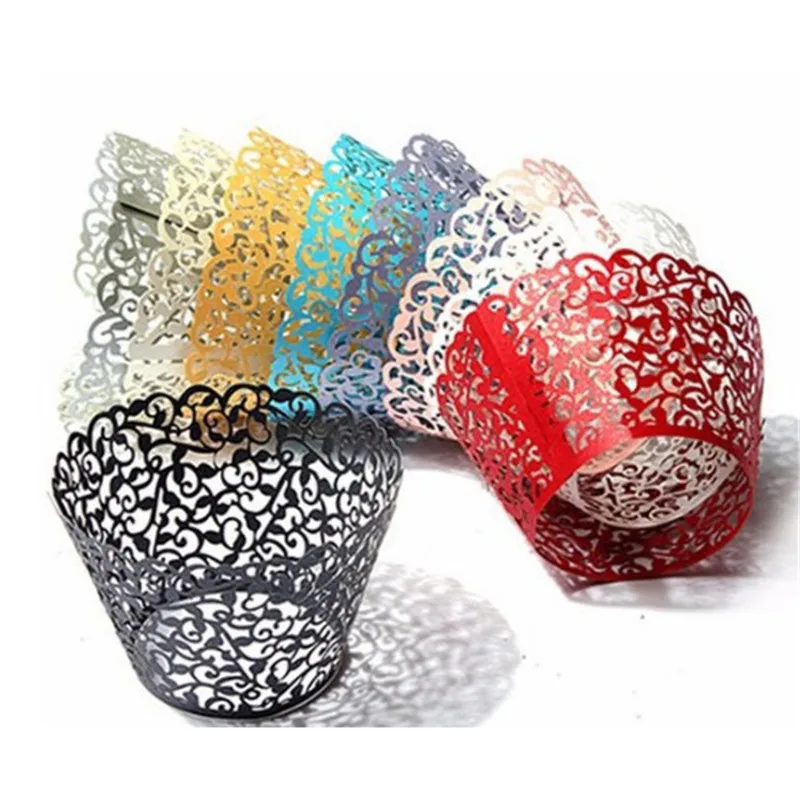 

12pcs Pink Vine Lace Cup Cake Box White Cut Paper Wedding Cupcake Liner Baking Cup Wrappers Paper Cake Cups 9 Colors