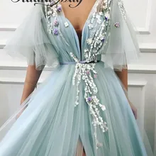 Детское голубое Тюлевое платье ручной работы с объемными цветами, длинные платья Феи для выпускного вечера с рукавами с глубоким v-образным вырезом, платья на выпускной для девушек Выходное платье для торжества