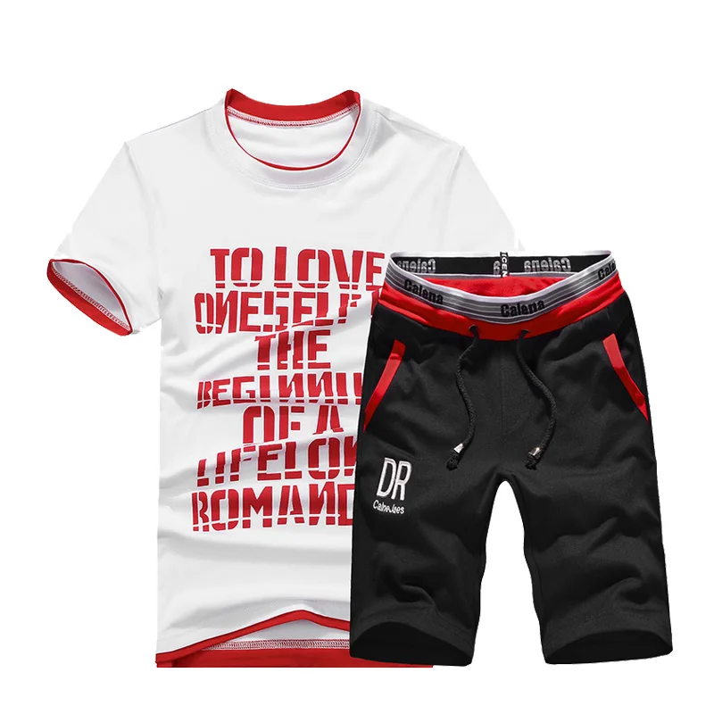 Летние мужские комплекты, короткий рукав, принт, спортивный костюм, мужская спортивная одежда, повседневный комплект из 2 предметов, футболка+ шорты, Мужская одежда, тонкие спортивные костюмы - Цвет: Red D03