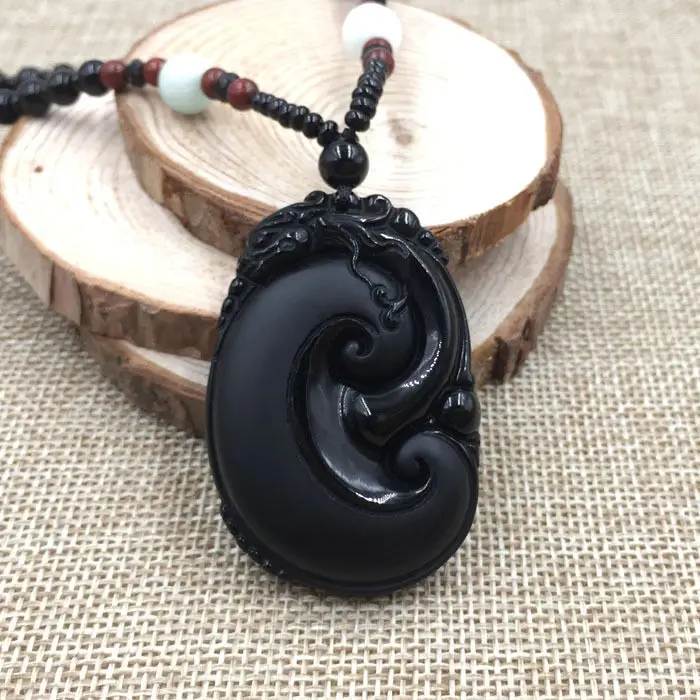 A-31 China Hand-Carved Ruyi Grade A Black Natural Obsidian Jade Pendant Necklace | Украшения и аксессуары