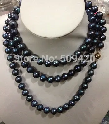 

W&O658>>Natural 9-10mm AAA Black Tahitian Pearl Necklace 50" 14K Gold Clasp