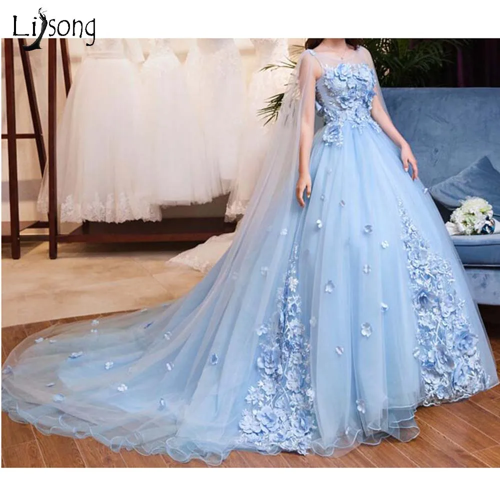 

Princess Sky Blue 3D Flower Evening Dresses With tulle Cloak Lace Beaded Lush Ball Gowns Saudi Arabic Floral Evening Gowns
