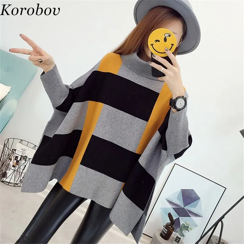 Korobov Plaid Panelled Turtleneck Capes Women Sweater Batwing Sleeve Loose Sueter Mujer Ponchos Autumn New Pullovers 51251