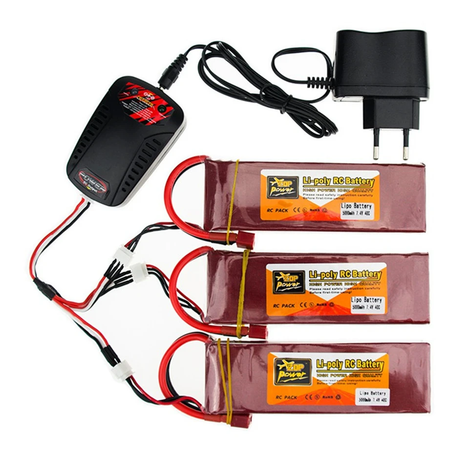 

3pcs ZOP Power 7.4V 5000mAh 40C 2S 1P Lipo Battery T Plug with Charger Set for RC Racing Drone Quadcopter Helicopter Car Boat