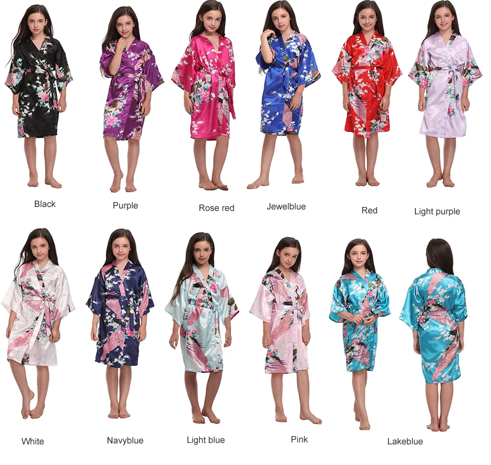 Детское мягкое цветное кимоно с павлином для девочек платье подружки невесты с цветочным узором для девочек шелковистая Детская Пижама-халат, кимоно, Халат