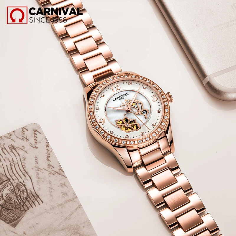 Карнавальный бренд, стразы, роскошные часы для женщин, водонепроницаемые, механические наручные часы, женские часы, женские часы, reloj mujer montre