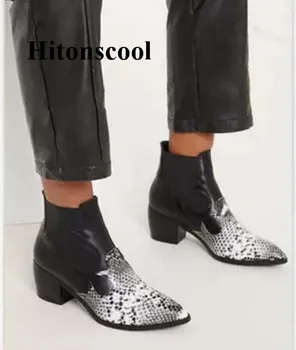 

New Snake Prints Patchwork Ankle Boots Women Pointed Toe Cozy Chunky Heels Slip On Ladies Shoes Woman Black Short Martin Boots
