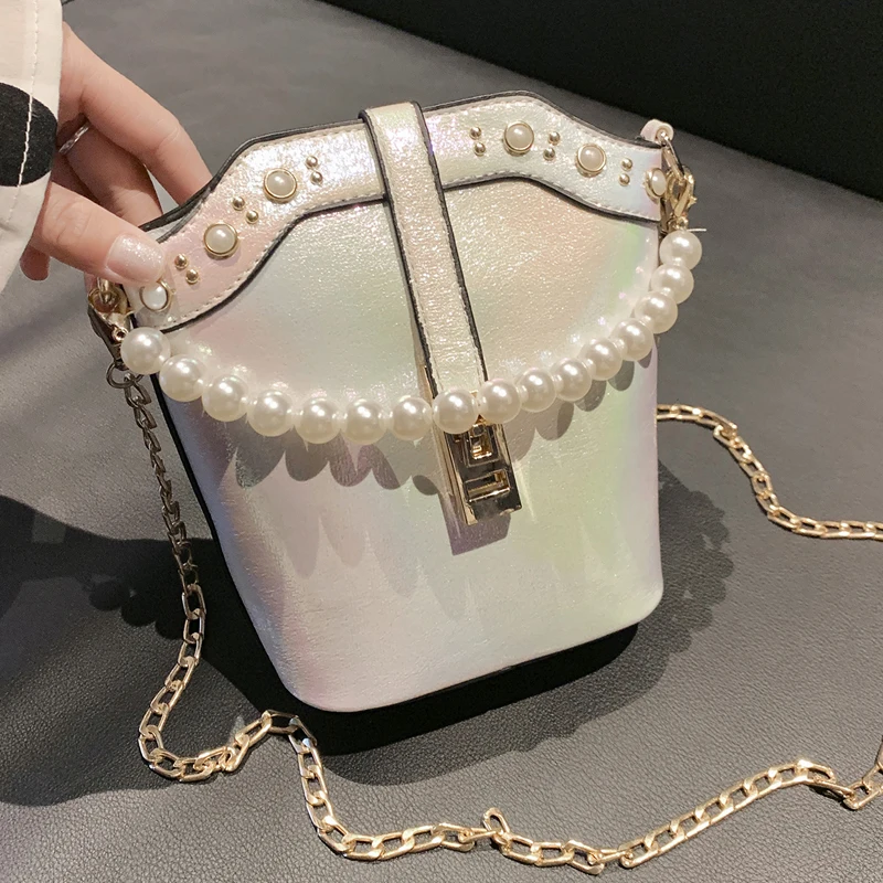 

LYKANEFU Summer Women Bag Pearls Bucket Messenger Bags Women's Shoulder Bags with Chain Women Handbag Designer Sac Main Femme