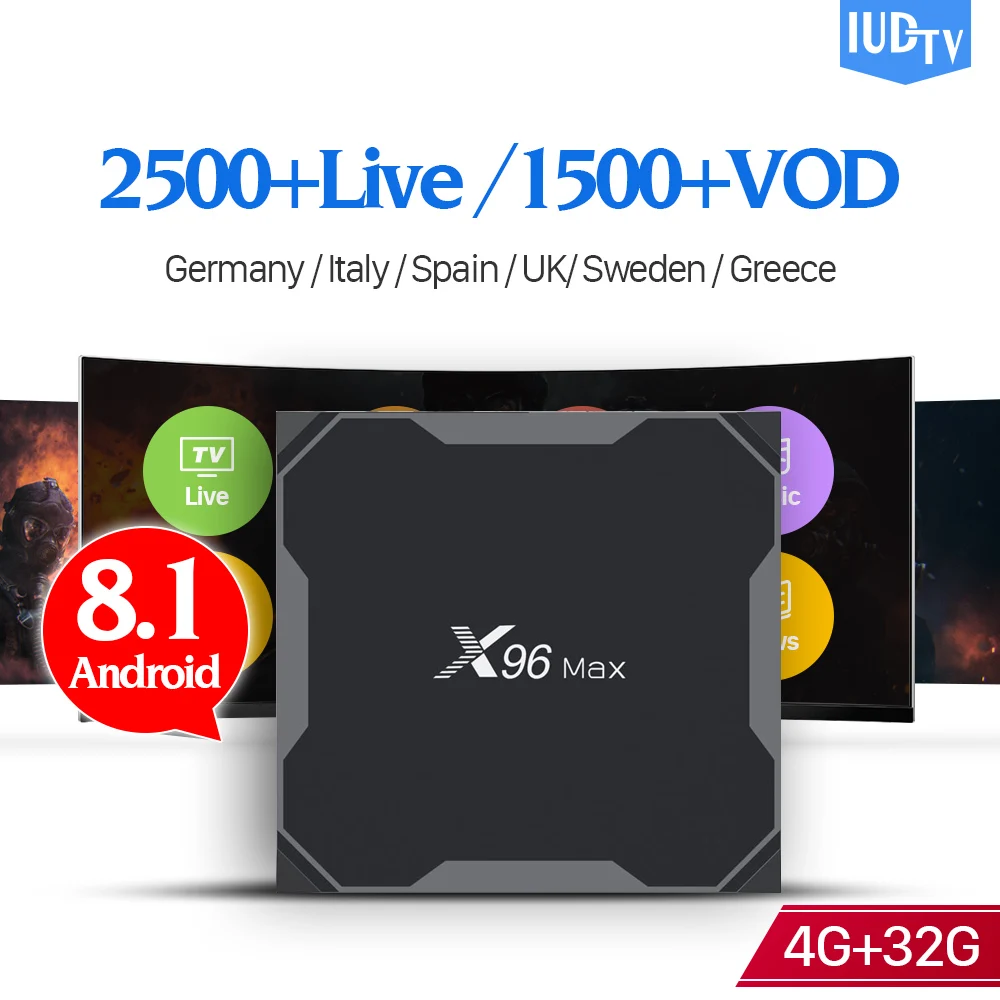 

X96 MAX IP TV Box Spain Sweden Italy 1 Year Subscription 4+32G Support BT Dual-Band WIFI IPTV English Germany Greek IUDTV Box