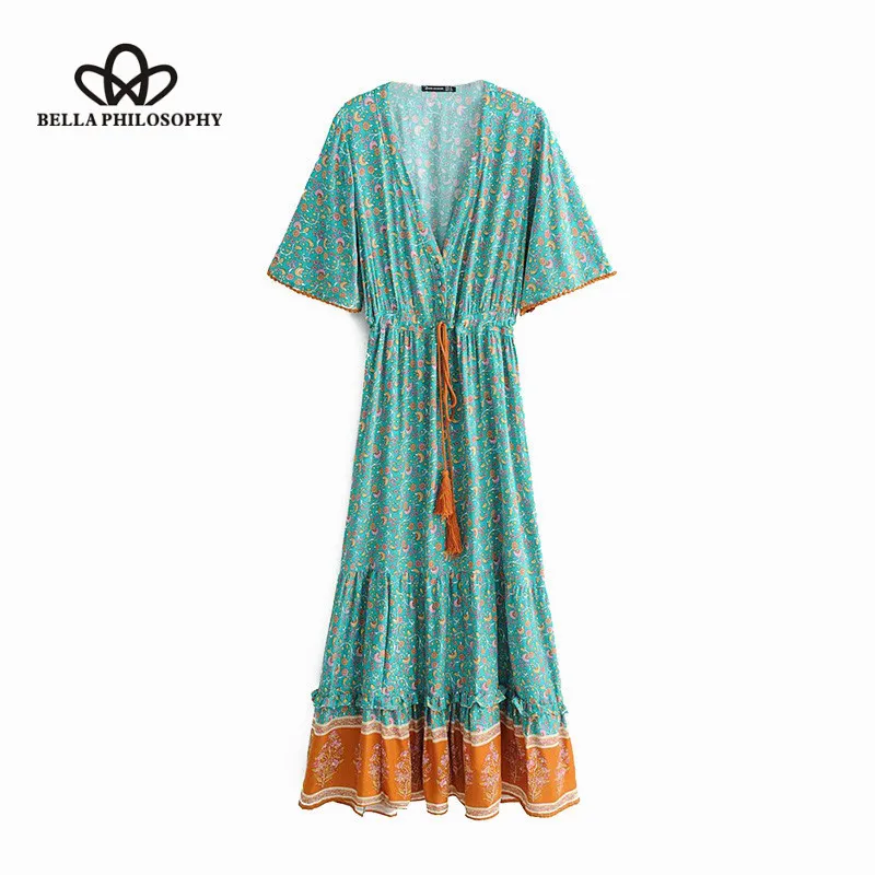 Wonder Boho Chic Vintage Floral Print Maxi Pleated Dress  2019 NEW V Neck Short Sleeve Summer Beach Dresses Femme Vestidos