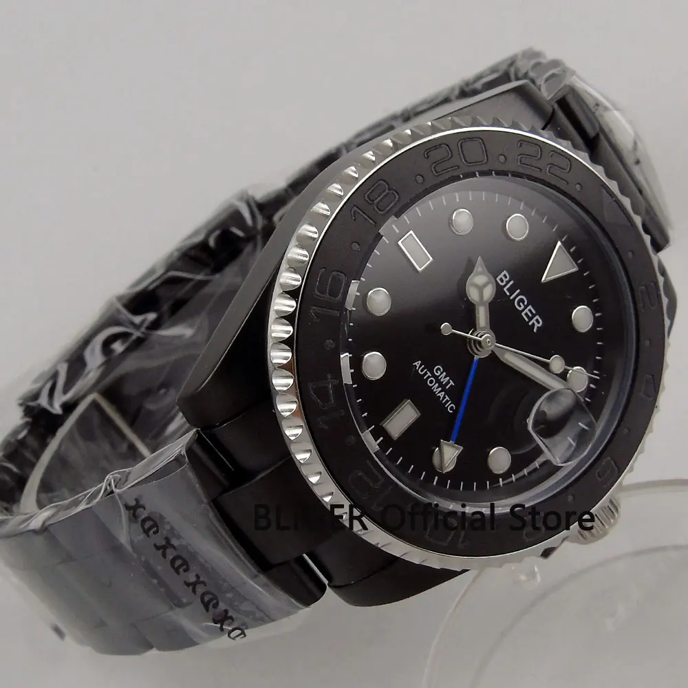 Bliger 43mm super luminous black dial ceramic bezel sapphire glass GMT