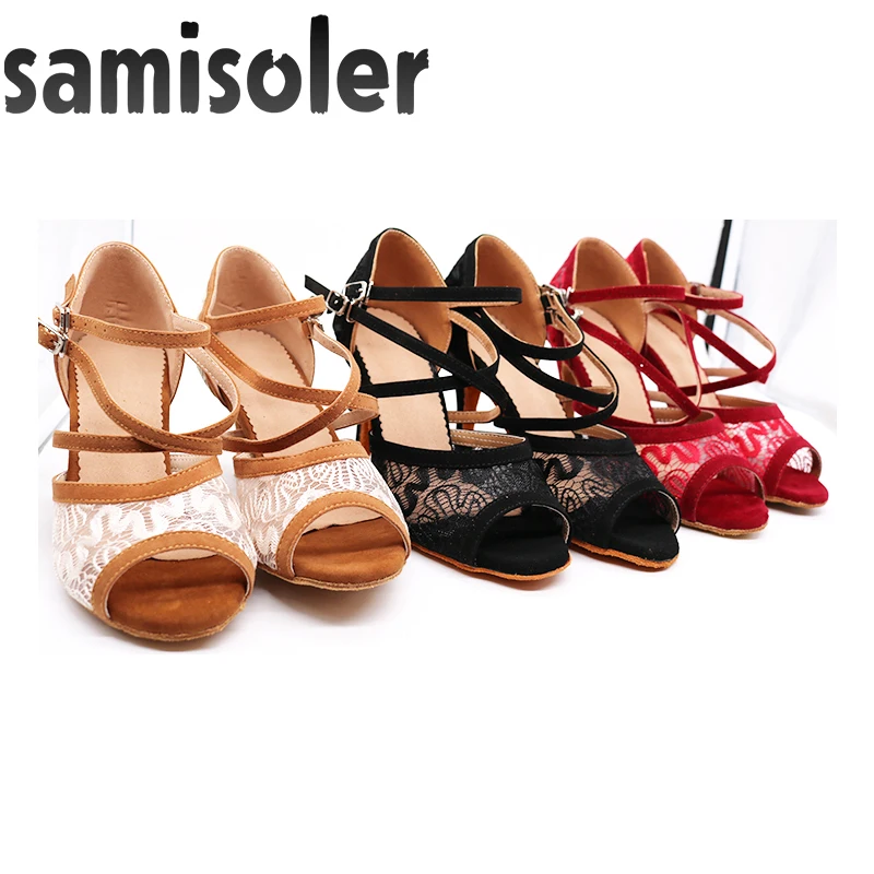 

Samisoler Ladies Latin dance shoes with Brown rhinestone salsa dancing shoes Fashion Comfortable satin soft high heels 5CM-10CM