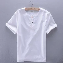 Мужская летняя льняная рубашка с круглым вырезом и коротким рукавом, однотонная удобная мужская рубашка в стиле кэжуал, пуловер, мужская рубашка