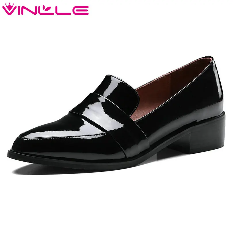 

VINLLE 2018 Women Pumps Square Low Heel Pointed Toe Genuine Patent Leather Slip On Spring Black Ladies Casual Shoes Size 34-39