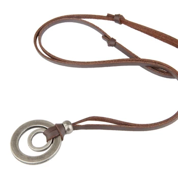 ZMZY Double Circle New Arrival Fashion Long Genuine Brown Leather Vintage Hoops Men Pendant Necklace Women Male Female Jewelry