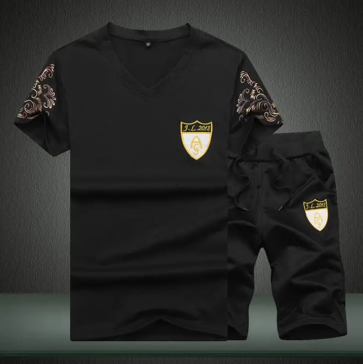 A1 Black Комплект спортивных костюмов для мужчин, брендовые летние костюмы для фитнеса, 2 шт., топ и шорты, Мужской комплект с воротником-стойкой, Модный комплект из 2 предметов, футболка и шорты, спортивный костюм - Цвет: A1 Black