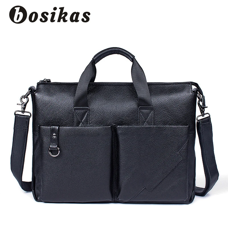 

BOSIKAS Leather Laptop Bag 14inch Genuine Leather Men Bags Business Briefcases Zipper Crosssbody Bags Totes Men Shoulder Bag New
