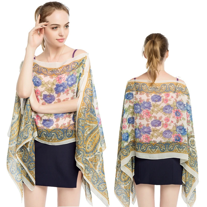 

145*90cm 2019 New Summer Print Silk Scarf Oversized Chiffon Scarf Women Beach Cover Up Wrap Sarong Sunscreen Long Cape Female