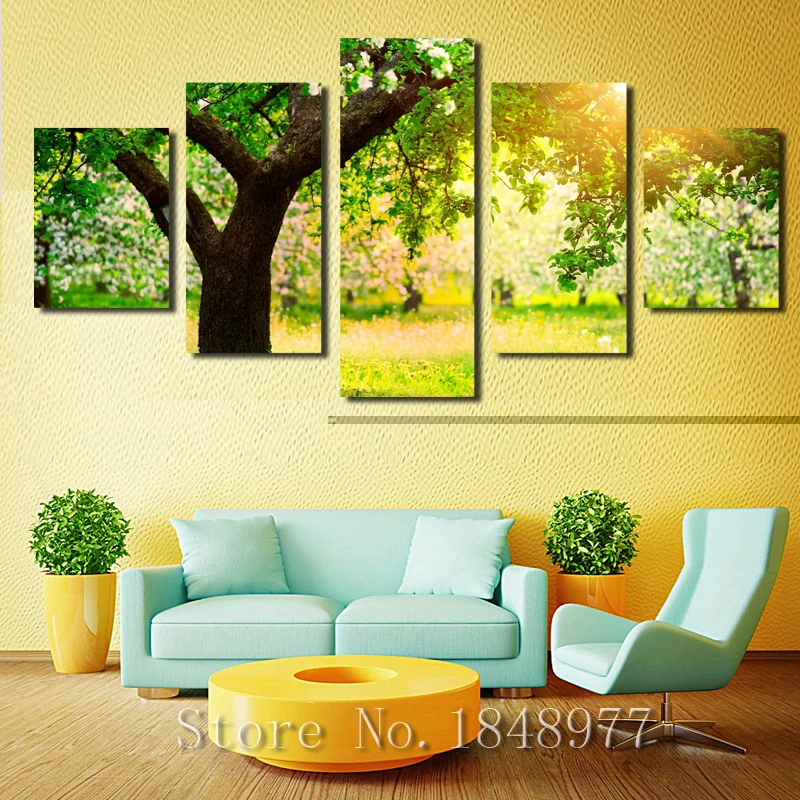 5 Panel Modern Sunshine Green tree Painting Canvas Wall Art Picture