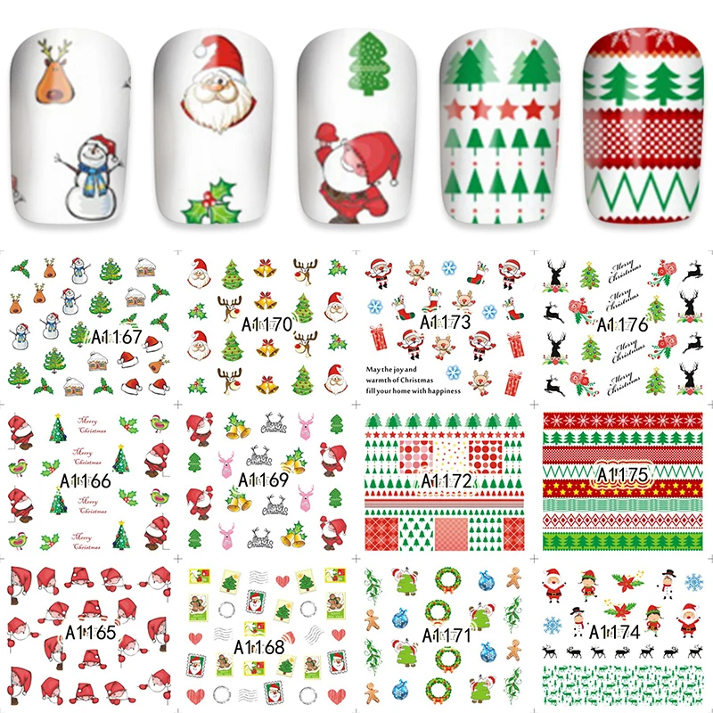

YZWLE 12 Pieces/Set Xmas Christmas Water Transfer Sticker Nail Art Full Foils Wraps New Year Gift DIY Kids Decals A1165-1176
