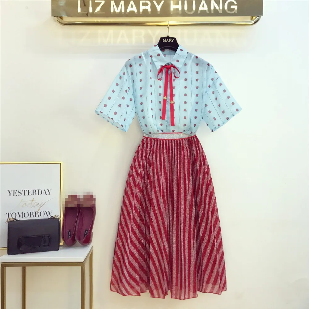 

HAMALIEL Designer Women 2 Piece Set Summer Blue Print Chiffon Bow Shirt Blouse + Fashion Red Mesh Bling Striped Midi Skirts Suit