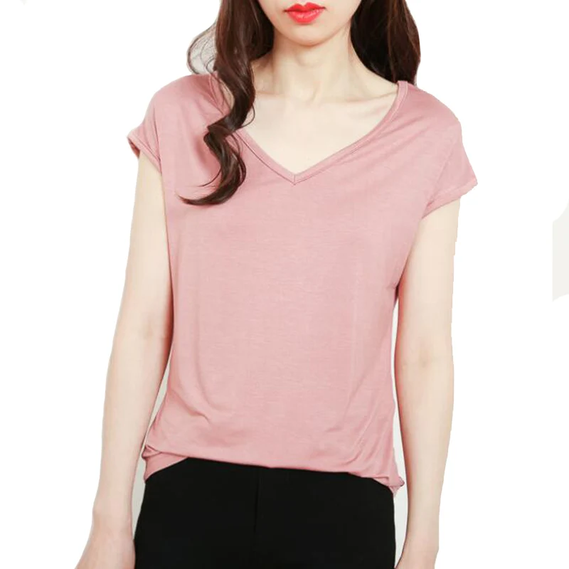 

T-shirt Women V-Neck Casual Tees 2019 Summer Short Sleeve Tops Solid Color Cotton Tops Tees Korean Clothes Camiseta Mujer