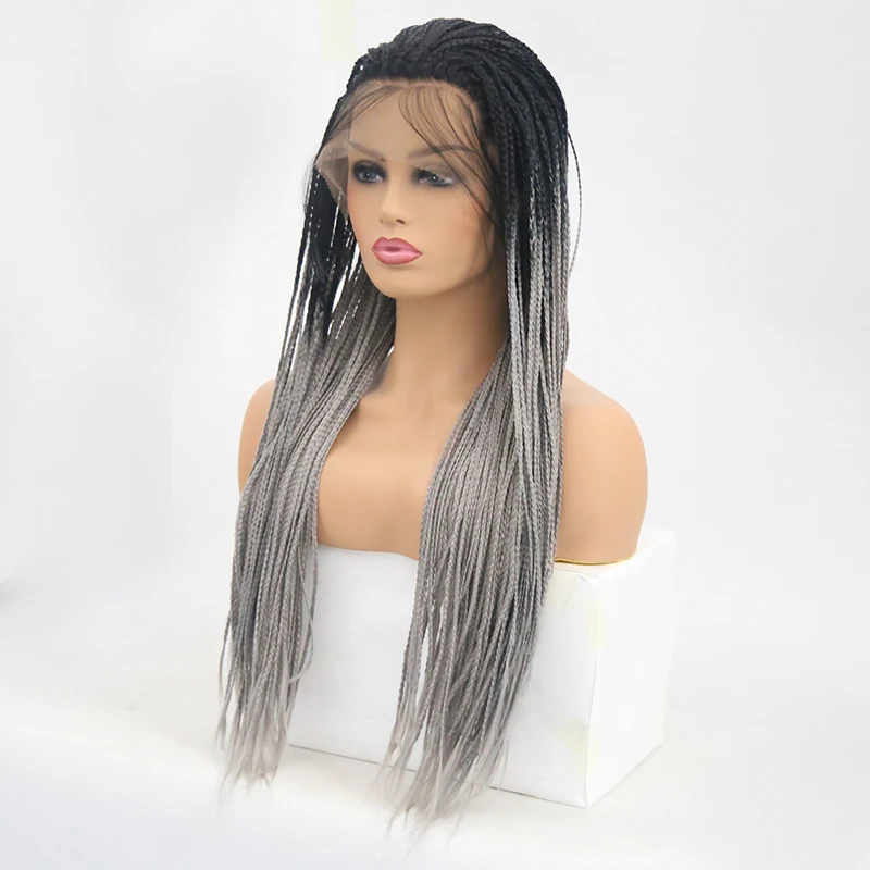 QQXCAIW Длинные Синтетические кружева спереди парик для женщин афроамериканские плетеные искусственные волосы косы парики
