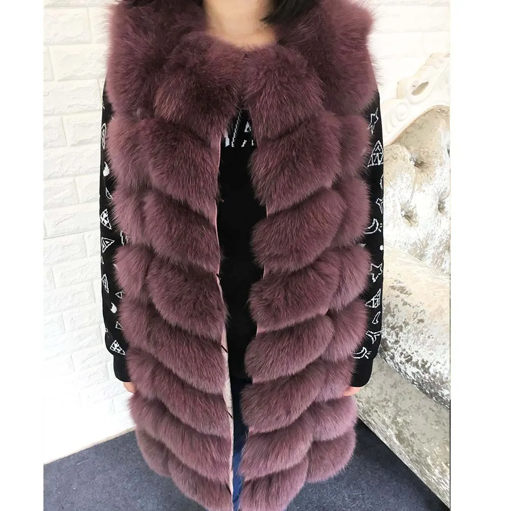 Maomaokong настоящий натуральный Лисий Мех 70 см длинный натуральный Лисий мех жилет 90 см модное меховое пальто без рукавов теплое женское тонкое пальто парка - Цвет: 90cm long-7