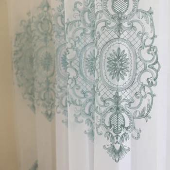 

European Style Embroidery Blue Pattern Design Curtains Voile For living Room White tulle Voile Drapes For Bedroom Balcony P0792