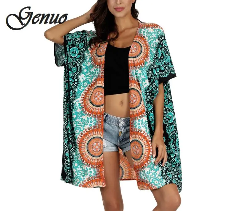 

2019 Women Three Quarter Kimono Floral Printed Chiffon Knits Beach Shirts Sunscreen Clothing Blusas Vintage Cardigan