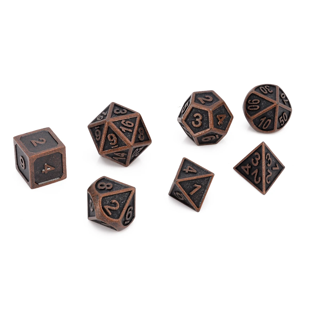 7Pcs Funny Copper Color Retro Metal Polyhedral Dice For Dungeons & Dragons MTG Playing Table Board Games Gaming Party With Bag