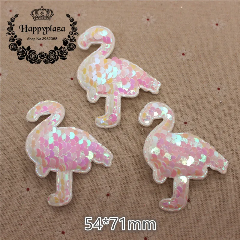

10pcs 54*71mm Glitter White AB Paillette Flamingo Padded Patches Appliques For Clothes Sewing Supplies DIY Hair Bow Decoration