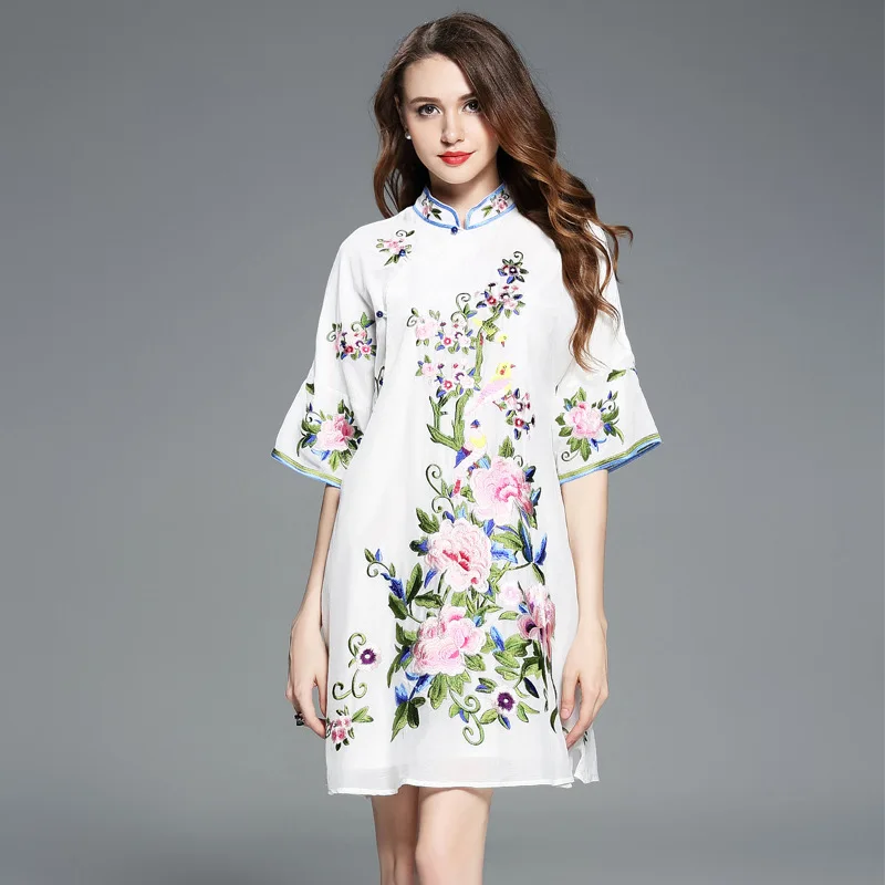 

2019 summer Chinese style chiffon embroidery cheongsam maxi top dress