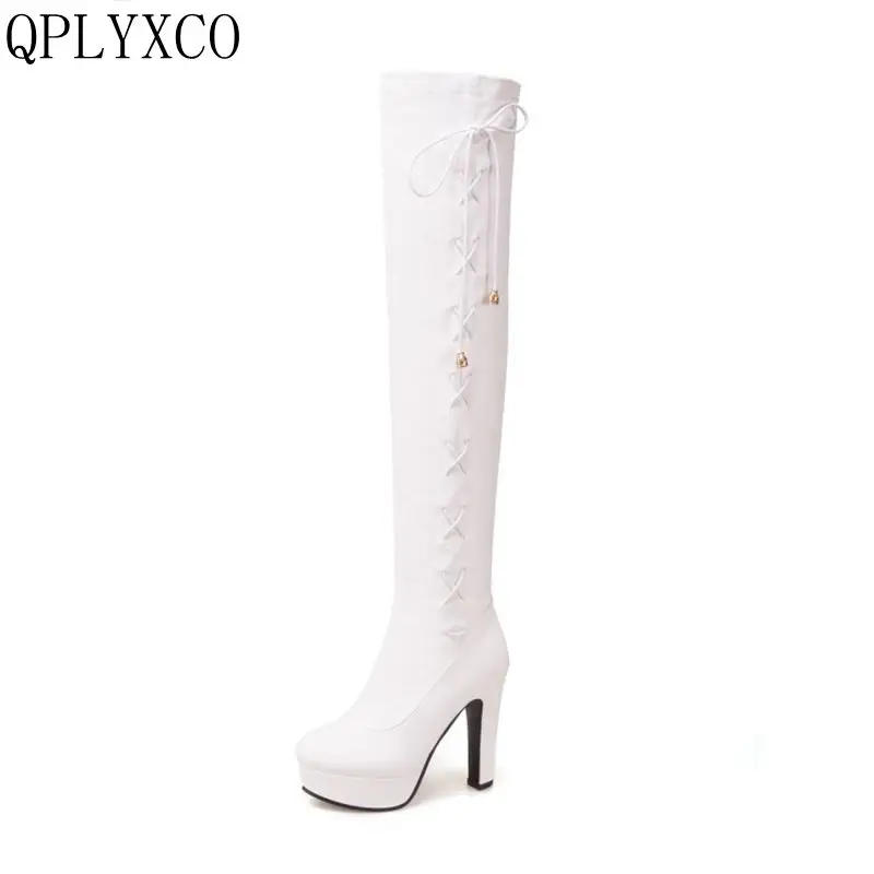 QPLYXCO/ г. Новинка, очень большие размеры 34-50, зимние высокие сапоги модная обувь женские ботфорты на высоком тонком каблуке, 3339 - Цвет: white