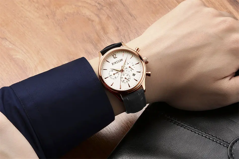 Роскошные спортивные часы мода водонепроницаемой кожи сроки BINSSAW календарь классические деловой человек наручные часы кварц- часы