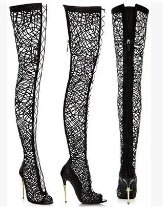 Koop Nieuwe 2017 Vrouwen Over Laarzen Black Lace Overknee Gladiator Zomer Booties Sexy Dunne Hak Snijdt Laarzen Peep Toe