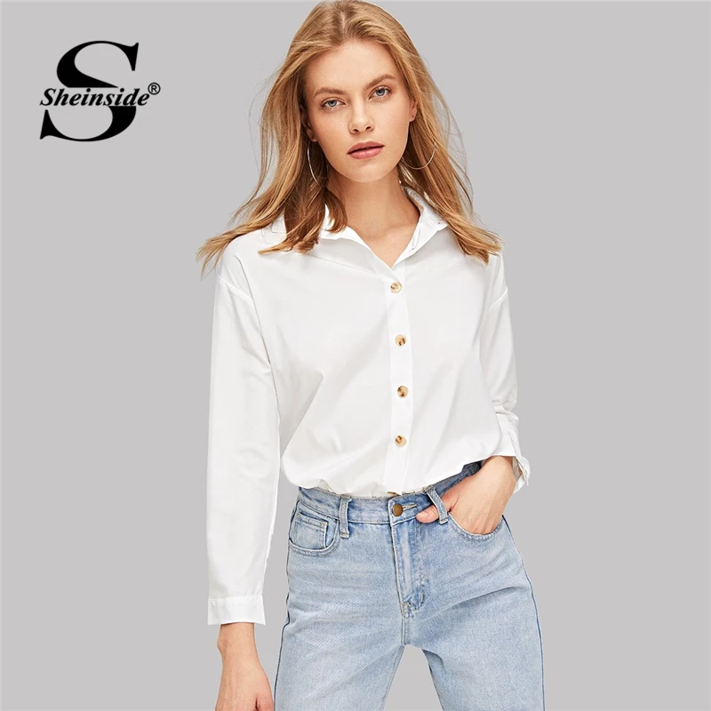 

Sheinside Solid Button Up White Blouse Shirt Office Ladies OL Work Long Sleeve Top For Women 2019 Autumn Womens Tops And Blouses