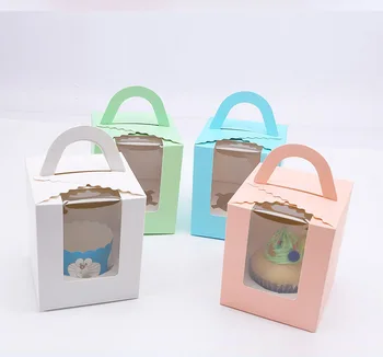 

100 pcs Pink Green Kraft Paper Gift Packaging box white blue cupcake boxes handle window for Wedding Birthday home Party