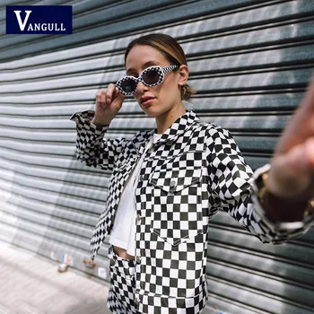 

Vangull Women Checkerboard Cropped Jacket 2019 Autumn Harajuku Plaid Jackets Streetwear Short Coats Girls Clothes Checkered Top