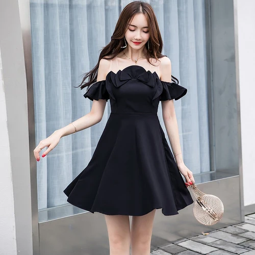 

Off Shoulder Dress Women Summer 2019 Korean Style Vintage Ruffle Slim High Waist A Line Short Dress Black Blue vestidos D469