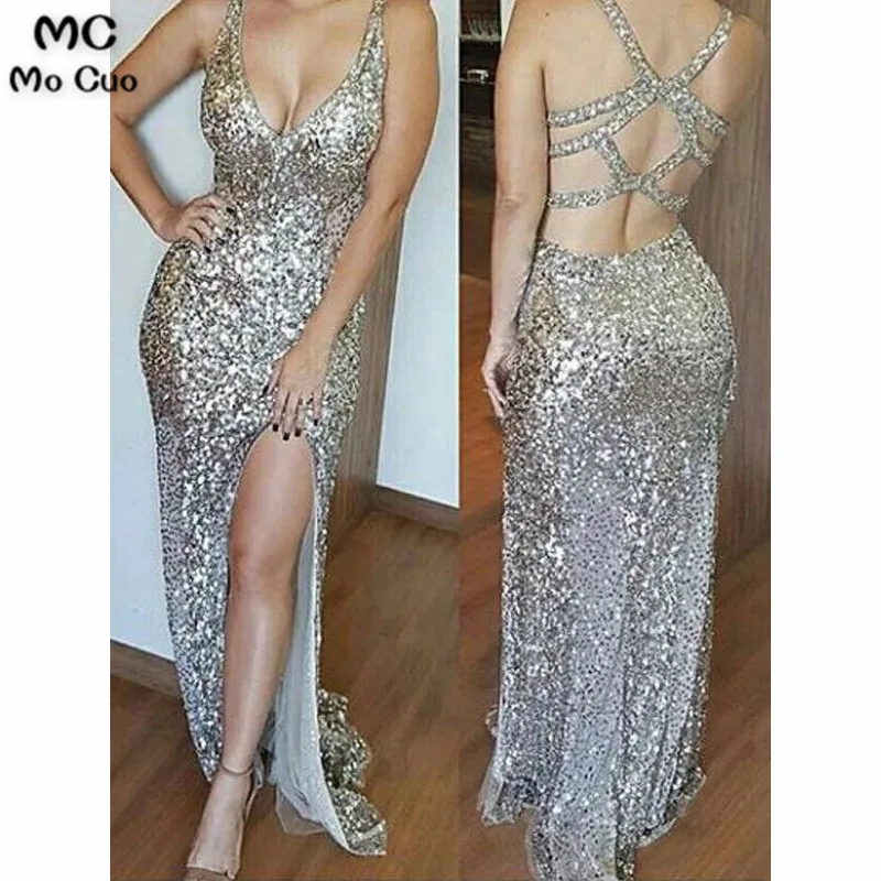 Ready Ship Silvery Sequined Evening Dresses Prom Gown Long Front Slit Vestido Longo Party Dress for Women | Свадьбы и торжества
