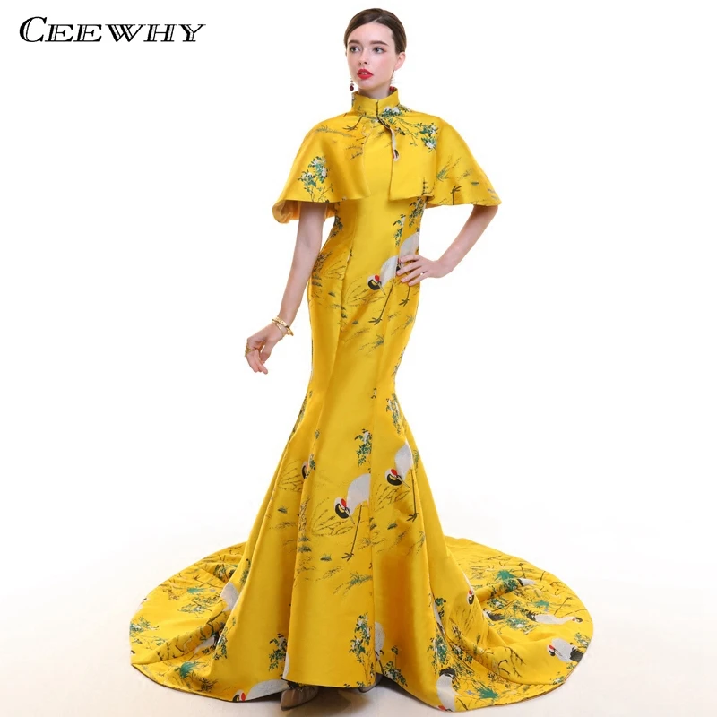 

CEEWHY Vintage Saudi Arabia Evening Dresses with Cape High Neck 3D Print Floral Prom Dress Formal Evening Gown Abendkleider