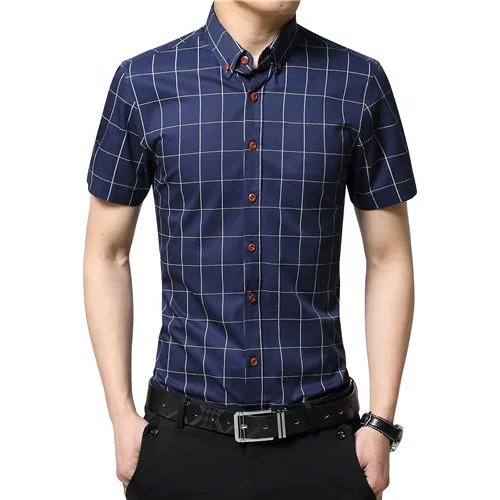 TFETTERS Повседневная Клетчатая Мужская рубашка с коротким рукавом, Мужская официальная одежда, рубашки, хлопок, большой размер, мужская одежда - Цвет: DarkBlue