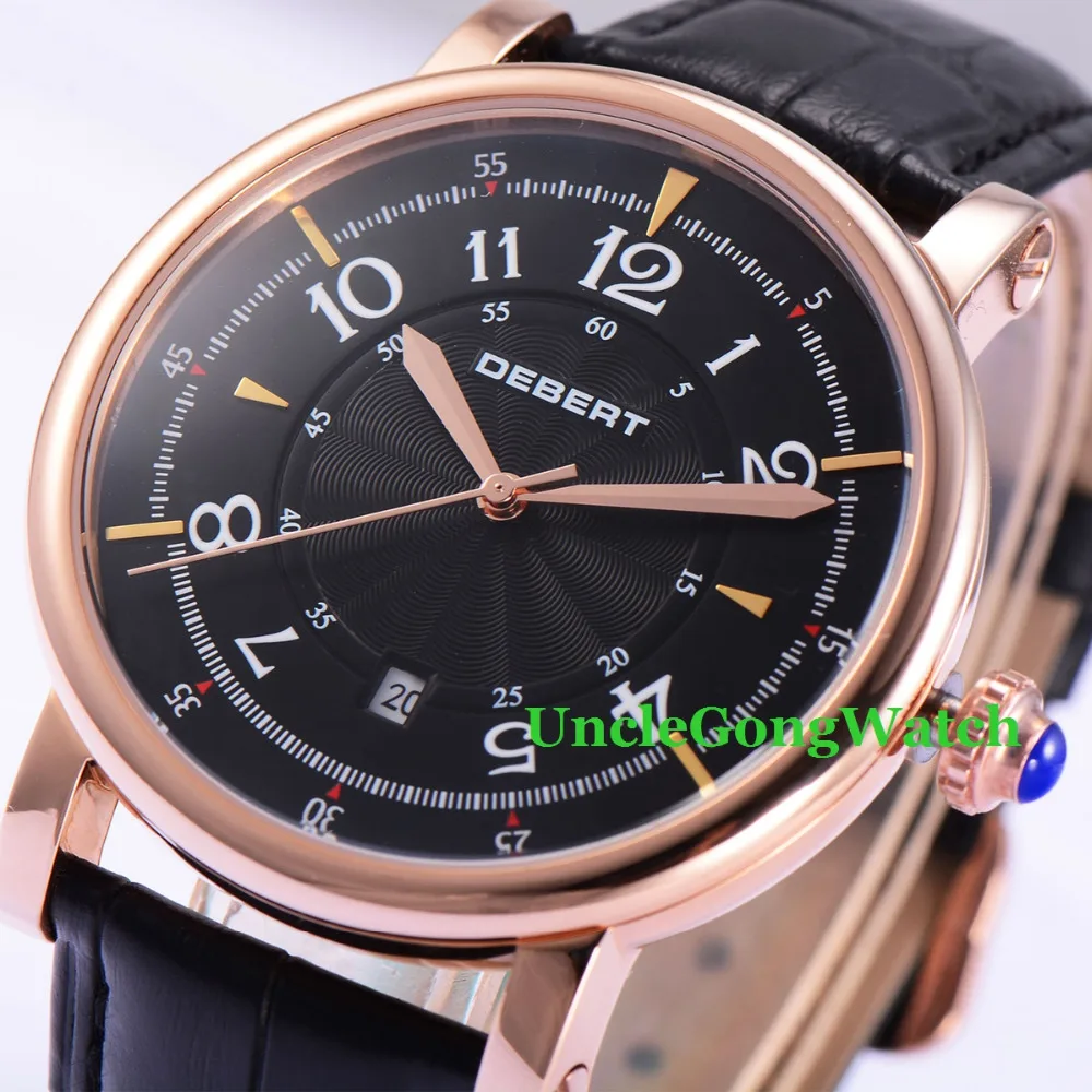 

Debert 43mm Rose Gold Case Black Dial Leather Strap 21 Jewels Miyota Movement Mens Automatic Watch