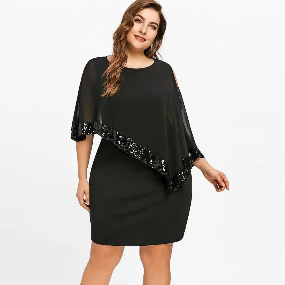 

2019 Plus Size Dress Women Summer Cold Shoulder Overlay Asymmetric Sexy Dress Solid Chiffon Strapless Sequins Dress Vestidos New